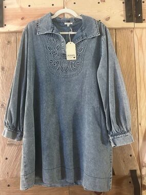 JODIFL Washed Blue Embroidered Denim Dress